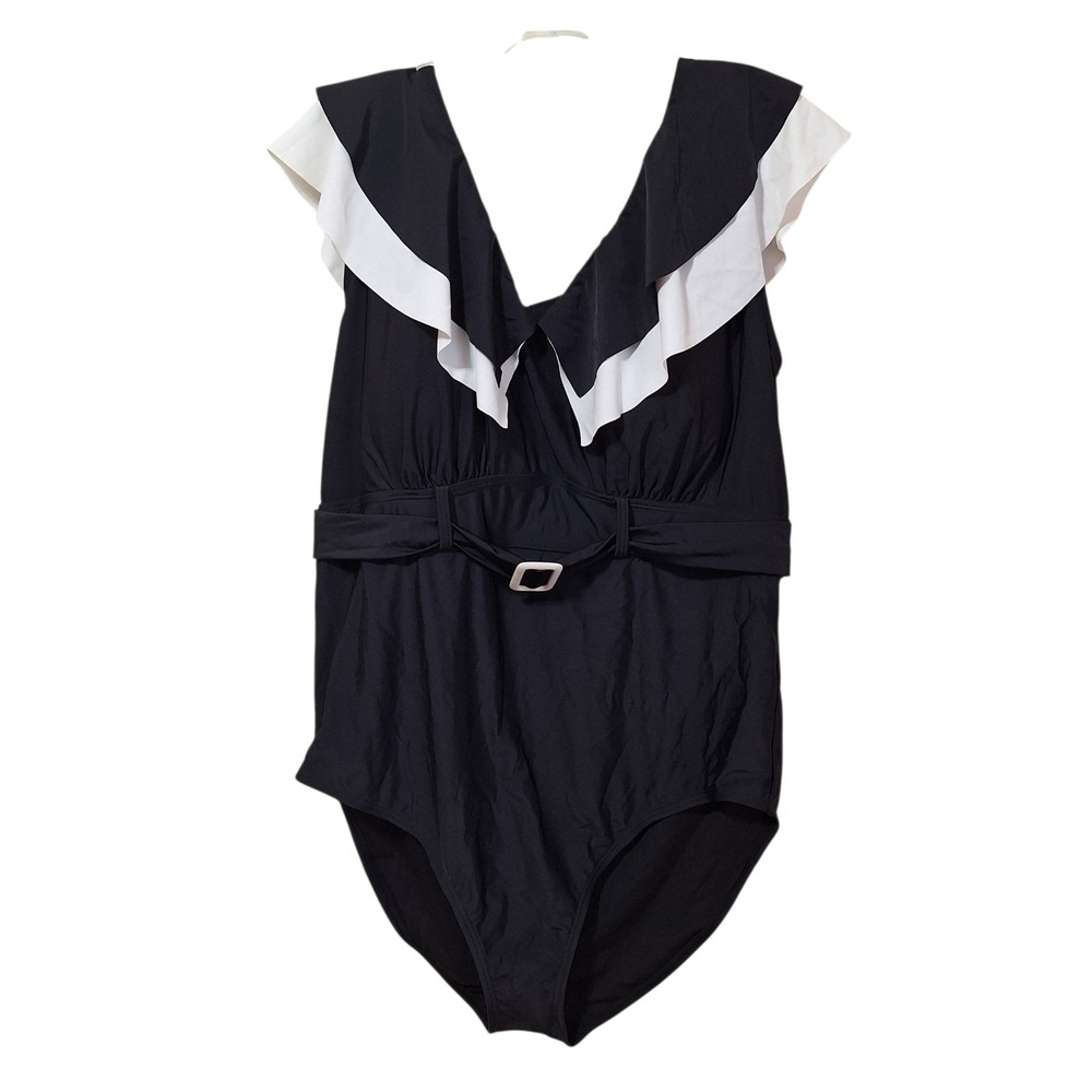 BloomChic Womens US 22-24 Layered Ruffle Trim Belted One Piece Swimsuit Black